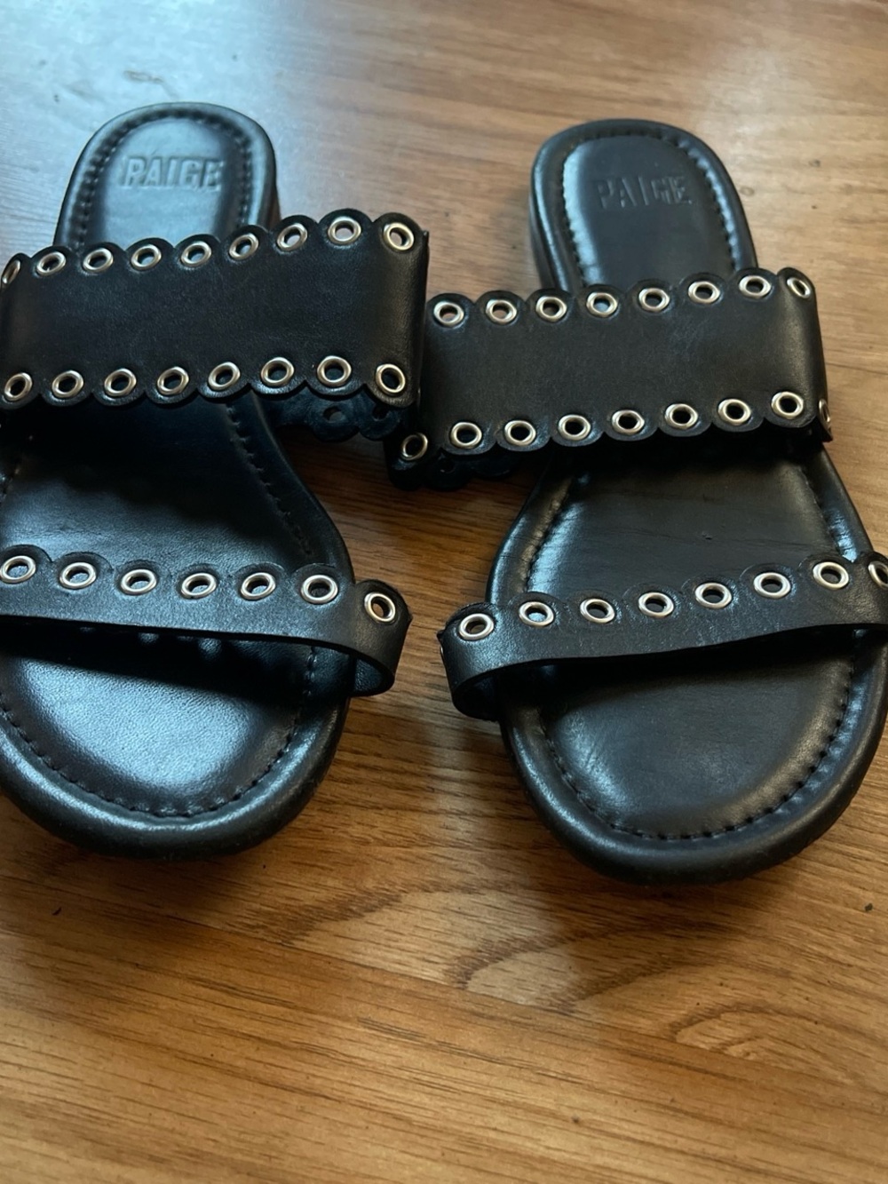 PAIGE Black Double-Strap Eyelet Slide Sandals